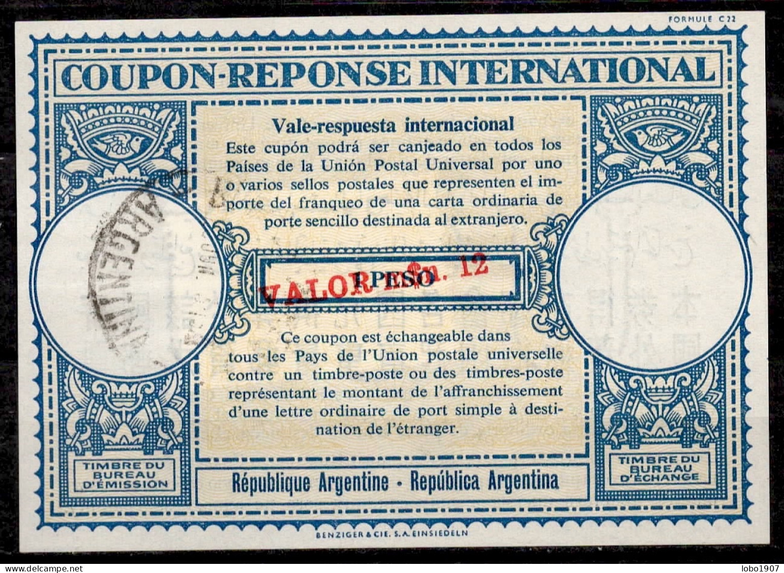 ARGENTINE ARGENTINA Lo16u  M$.12 / 1 PESO + Stamp 90 Pesos International Reply Coupon Reponse Antwortschein IRC IAS - Postwaardestukken