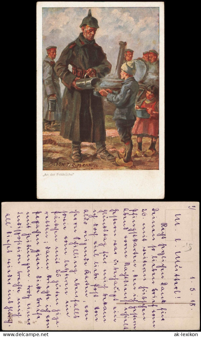 Künstlerkarte Militär "An Der Feldküche" Soldat Bei Essensausgabe 1918 - 1900-1949