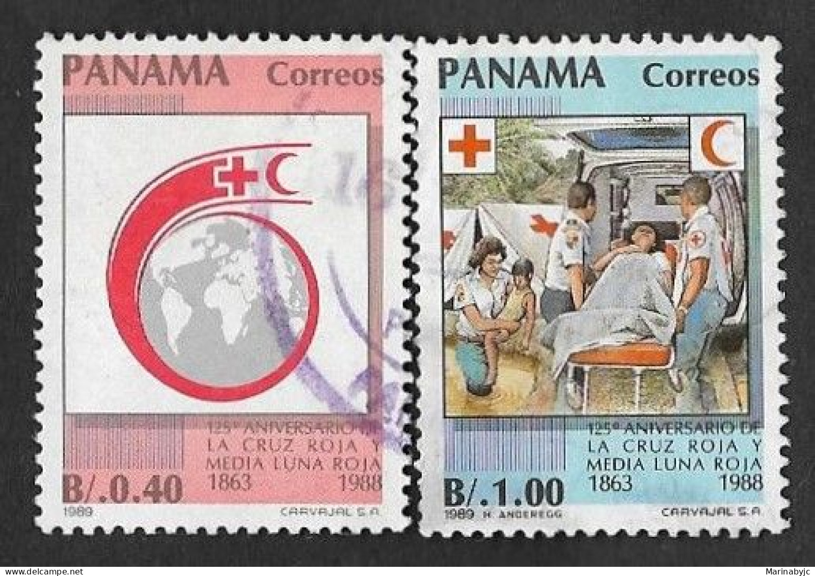 SE)1988 PANAMA 154TH ANNIVERSARY OF THE RED CROSS AND RED CRESCENT, 2 USED STAMPS - Panamá