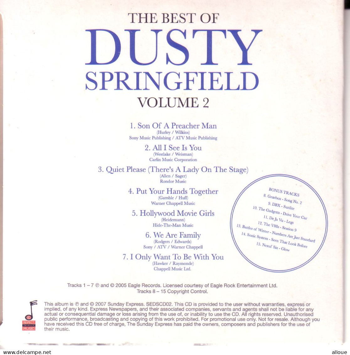 DUSTY SPRINGFIELD THE BEST OF VOL 2 - CD SUNDAY EXPRESS - POCHETTE CARTON (7 TITRES LIVE) + 8 BONUS - Altri - Inglese