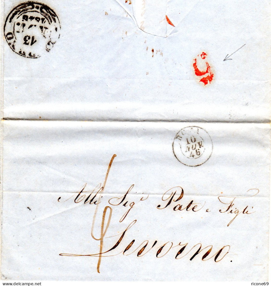Italien Kirchenstaat 1846, K2 Roma Auf Brief M. Rücks. Portostpl. "5" N. Livorno - Non Classés