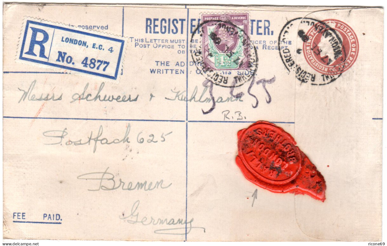 GB 1909, 1 1/2d M. Perfin Auf Eingeschriebenem 1+2d Reko-Ganzsachenumschlag  - Sonstige & Ohne Zuordnung