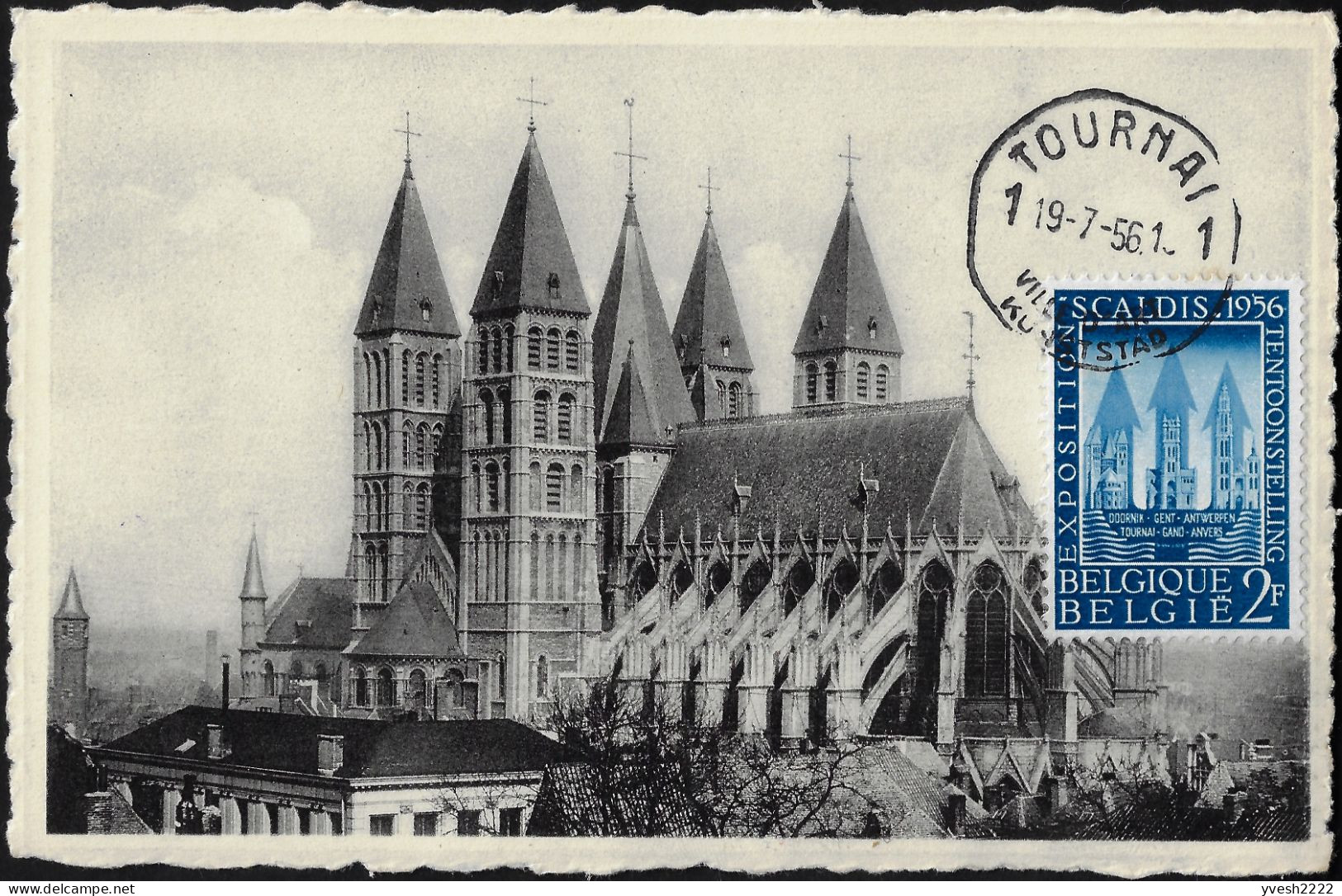 Belgique 1956 Y&T 990 Sur CM. Scaldis, L'Escaut, Cathédrale De Tournai. Variété. Taches Sur Le 5 De 1956 Et Après Le 6. - Eglises Et Cathédrales