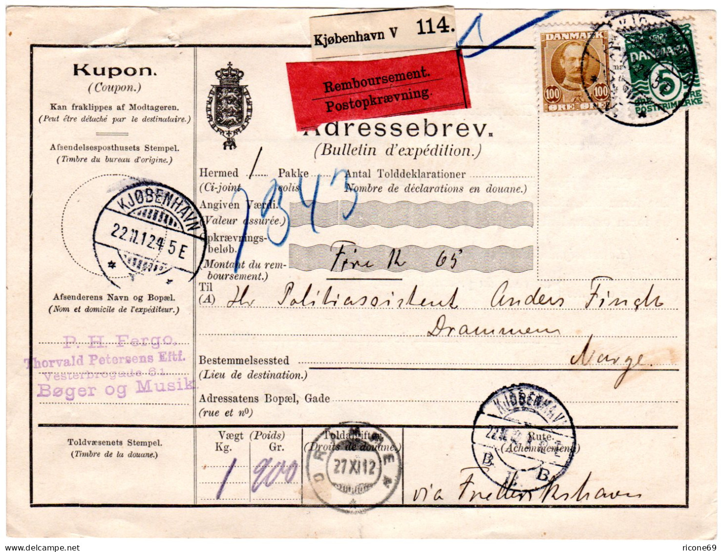 DK 1912, 5+100 öre Auf Nachnahme Paketkarte V. Kopenhagen N. Norwegen - Sonstige & Ohne Zuordnung