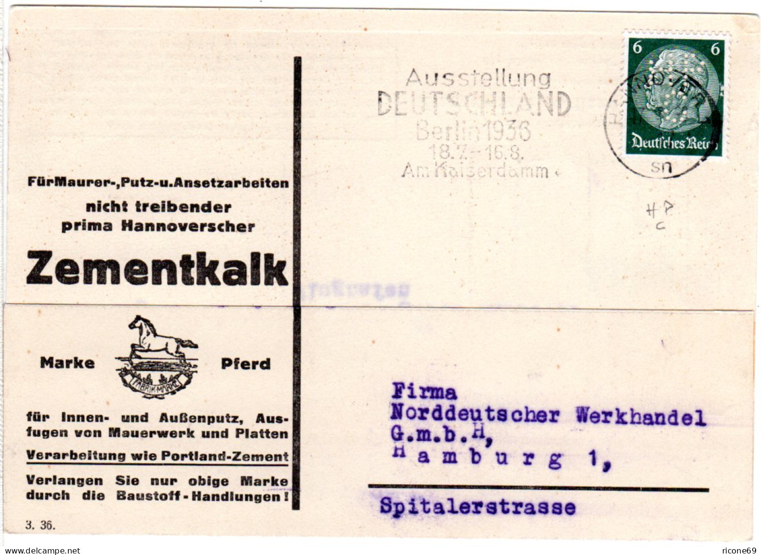 DR 1936, 6 Pf. M. Perfin Auf Illustrierter Firmenkarte V. Hannover - Autres & Non Classés
