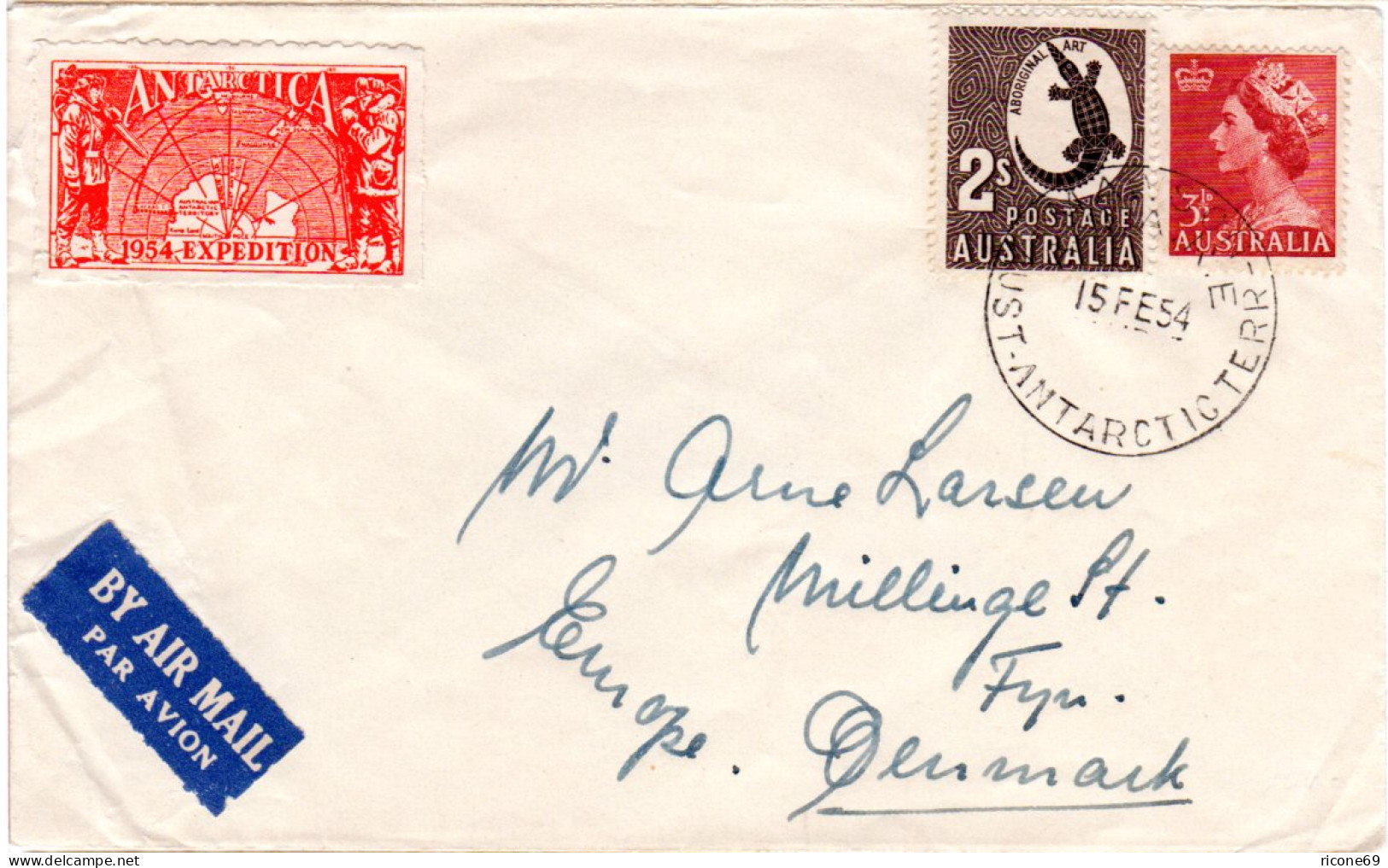 Australien 1954, 3 1/2d+2 S. U. Antarctica Expedition Vignette Auf Brief N. DK - Otros - Oceanía