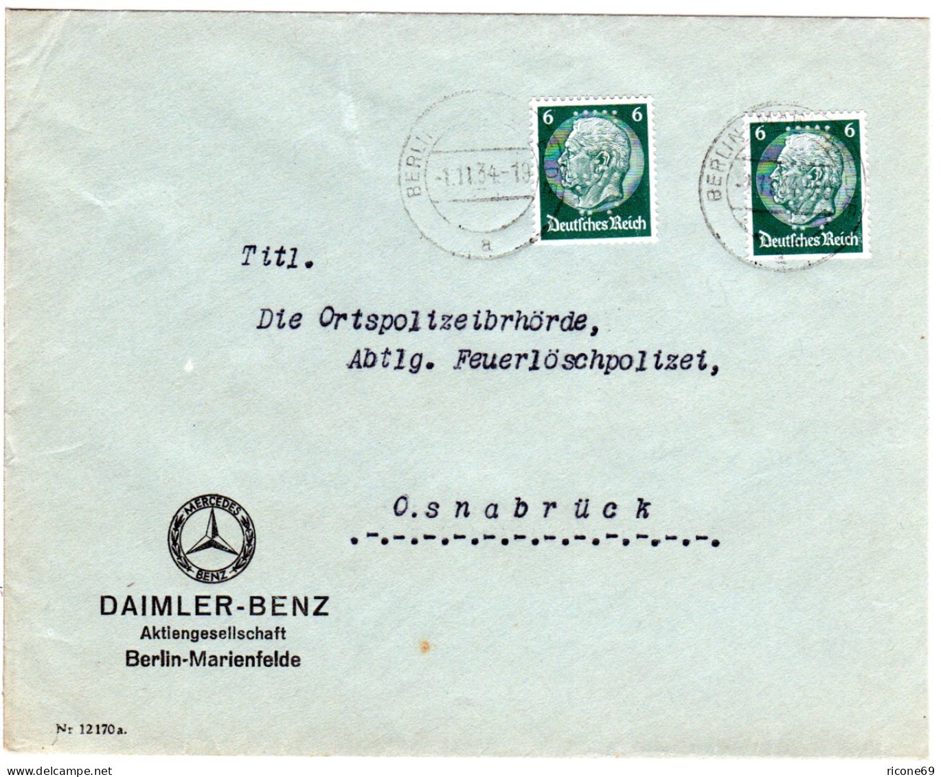 DR 1934, 2x6 Pf. M. Perfin Auf Firmenbrief V. Berlin-Marienfelde - Sonstige & Ohne Zuordnung