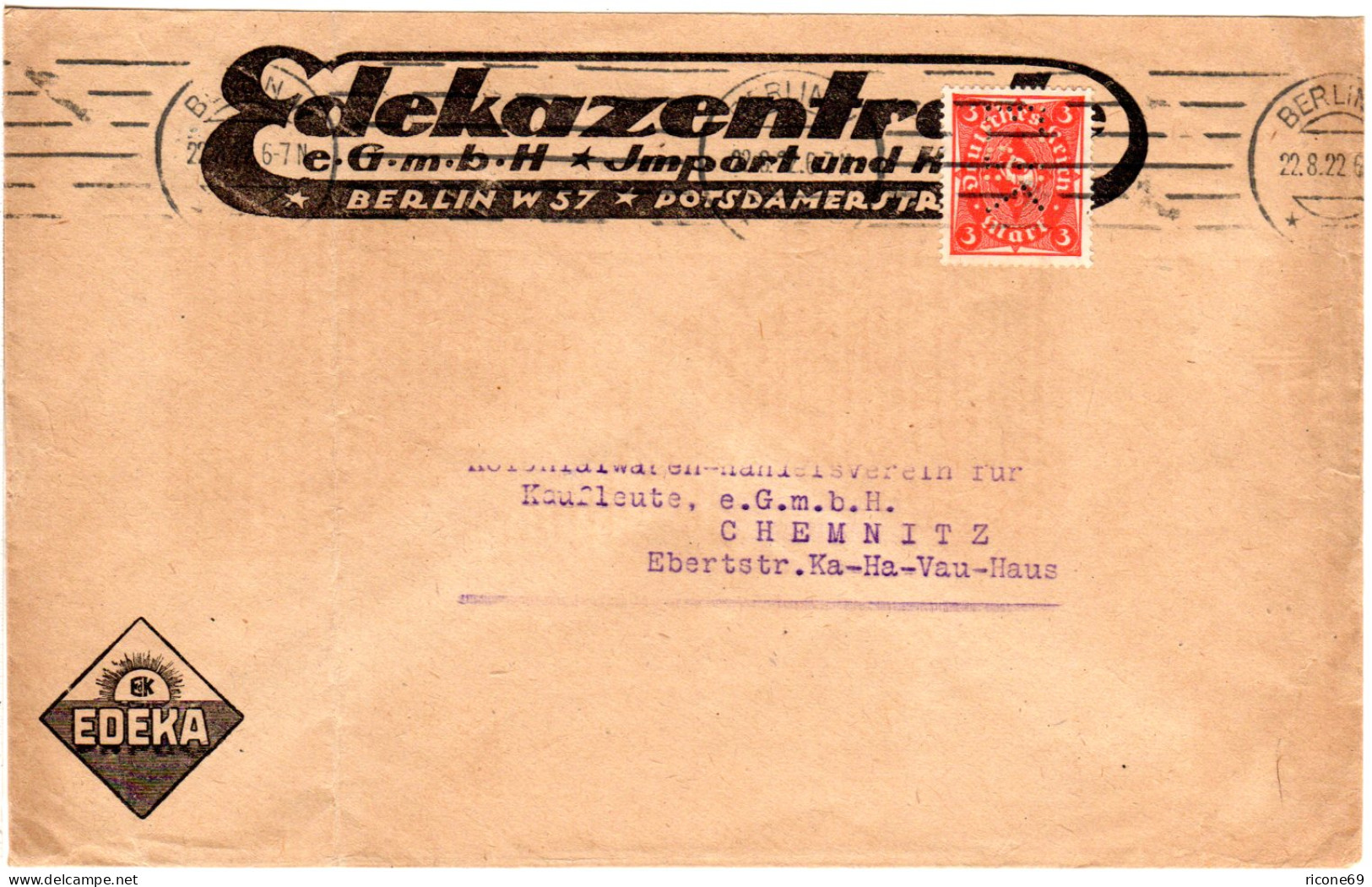 DR 1922, 3 Mk. M. Perfin Auf Firmenbrief V. D. Edekazentrale Berlin - Sonstige & Ohne Zuordnung