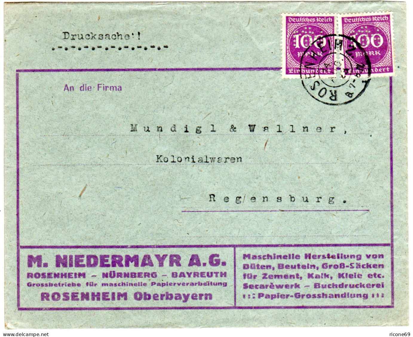 DR 1923, MeF 2x100 Mk. M. Perfin Auf Firmenbrief V. Rosenheim - Sonstige & Ohne Zuordnung