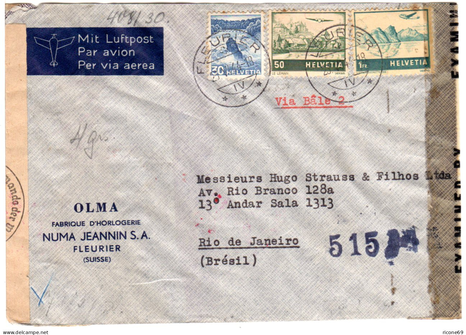 Schweiz 1944, 1 Fr.+30+50 C. Auf Luftpost Zensur Brief V. Fleurier N. Brasilien - Lettres & Documents