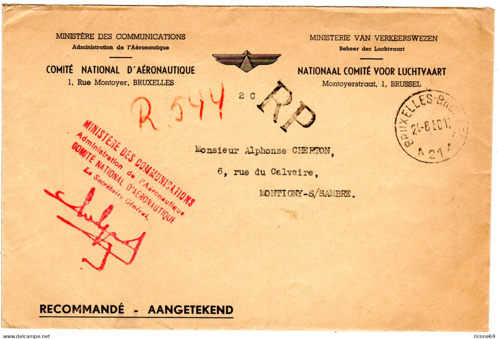 Belgien 1950, Portofreier Reko Brief Des Ministeriums F. Luftfahrt V. Brüssel - Andere (Lucht)