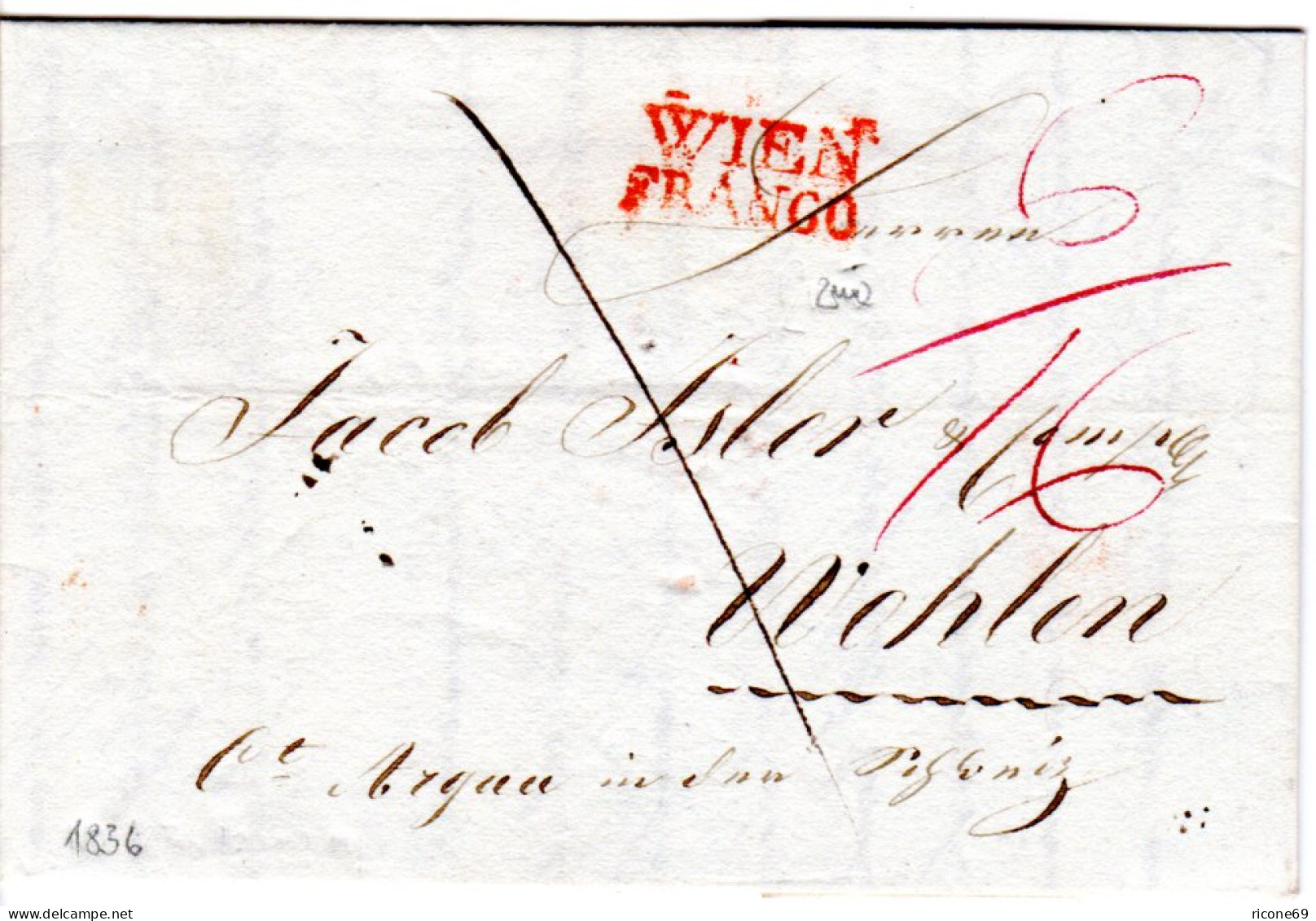Österreich 1836, Roter L2 WIEN FRANCO Auf Brief I.d. Schweiz  - Cartas & Documentos