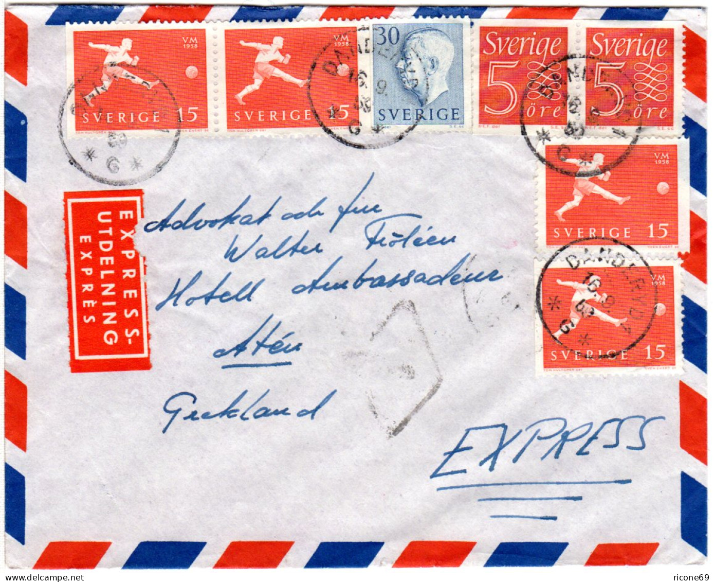 Schweden 1959, 7 Marken Auf Luftpost Express Brief V. DANDERYD N. Griechenland - Brieven En Documenten