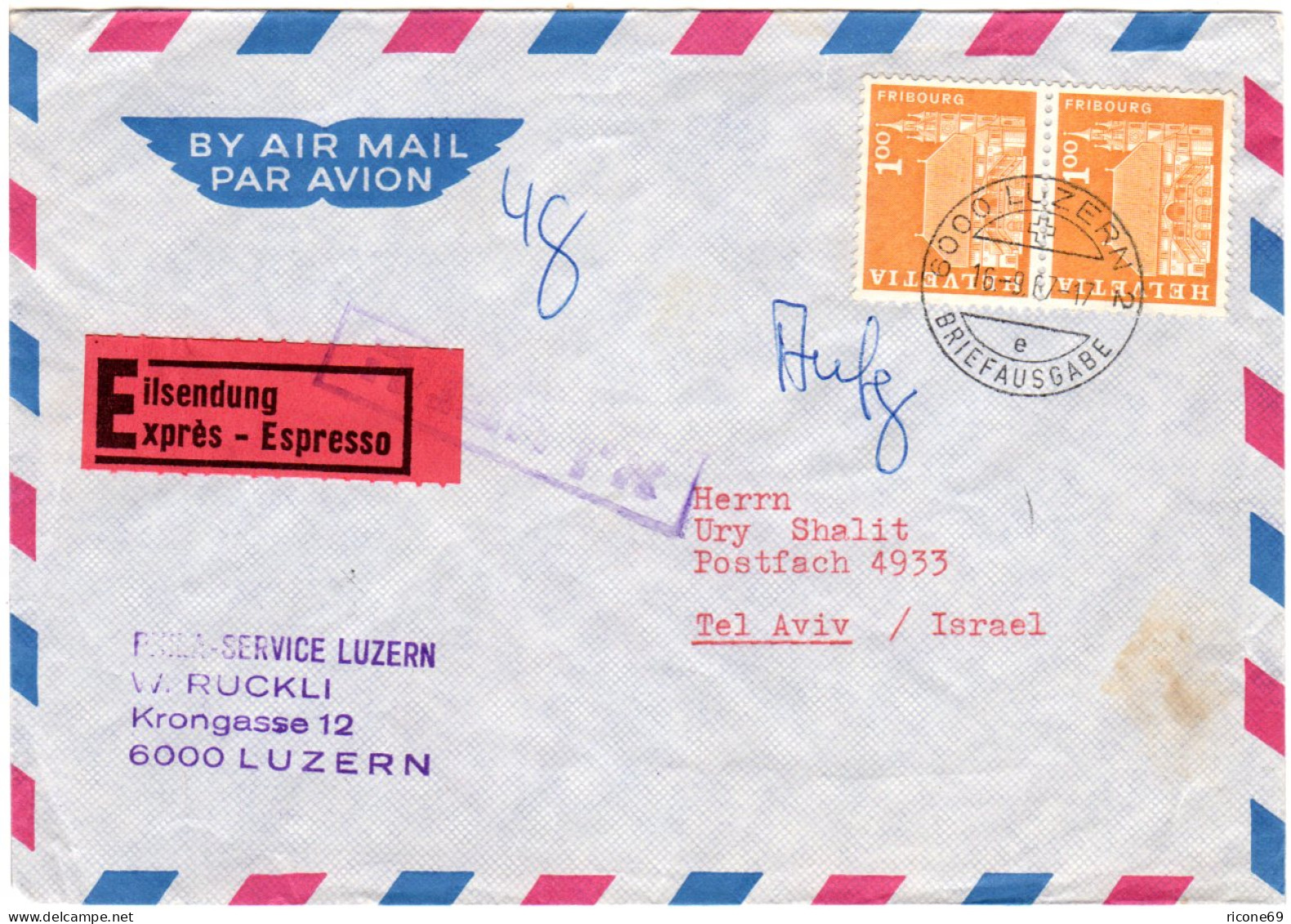 Schweiz 1967, MeF 2x1 Fr. Auf Luftpost Eilboten Brief V. Luzen N. Israel. - Covers & Documents