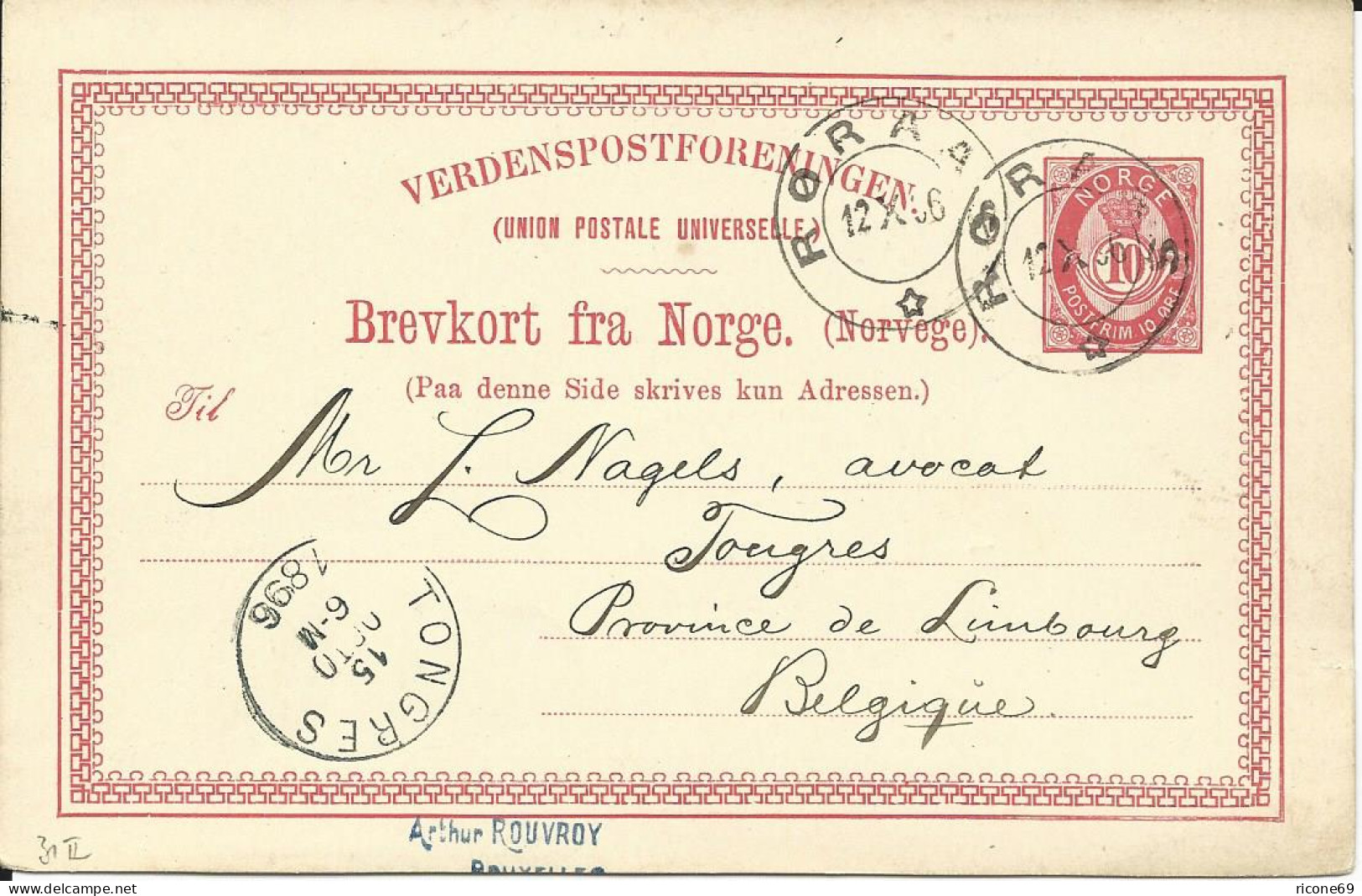 Norwegen P31 II, 10 öre Ganzsache 1896 V. Röraas N. Belgien - Storia Postale