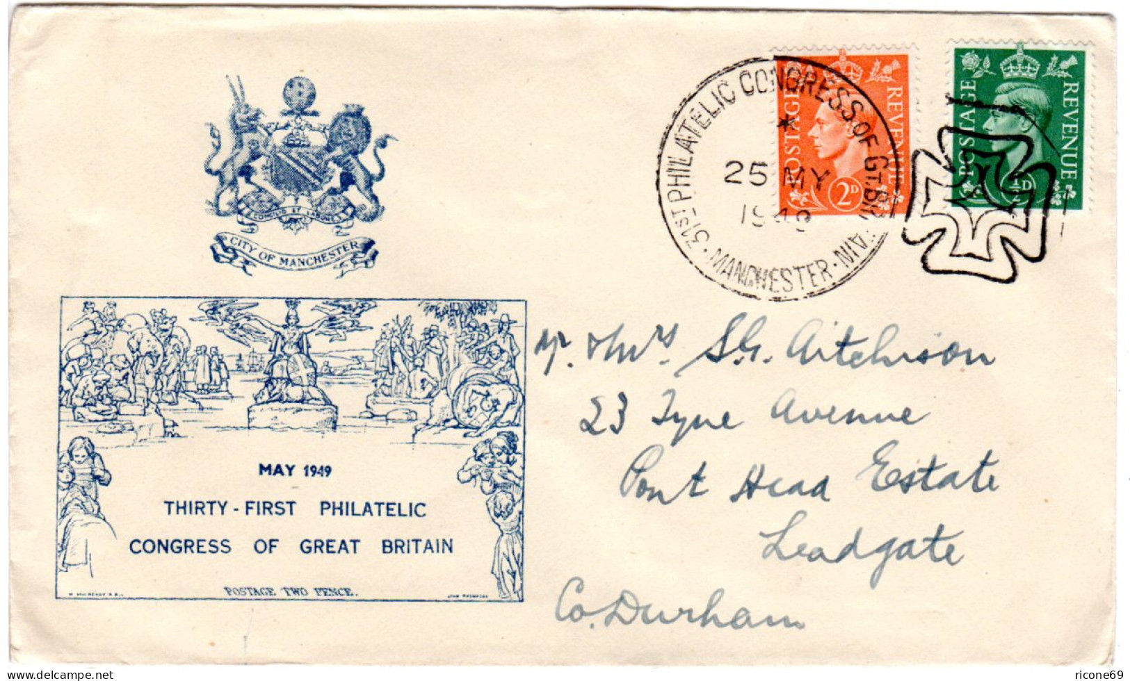 GB 1949, 31th. Philatelic Congress Manchester, Sonderumschlag M. Abb. Mulready - Sonstige & Ohne Zuordnung
