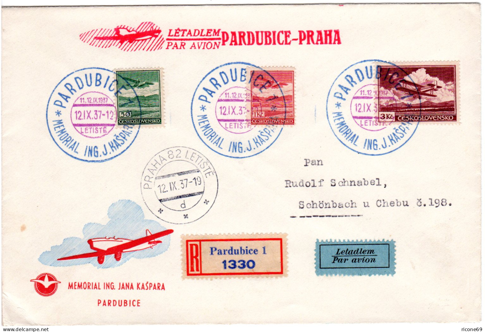 Tschechoslowakei 1937, 3+1 K.+50 H. Auf Reko Erstflug Brief Pardubice-Prag - Briefe U. Dokumente