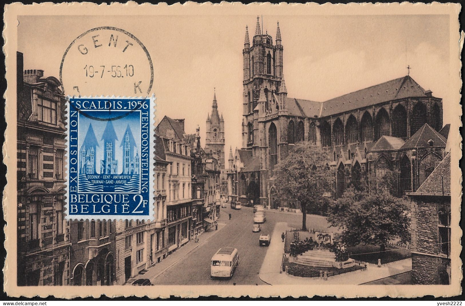 Belgique 1956 Y&T 990 Sur CM. Scaldis, L'Escaut, Cathédrale Saint Bavon De Gand - Churches & Cathedrals