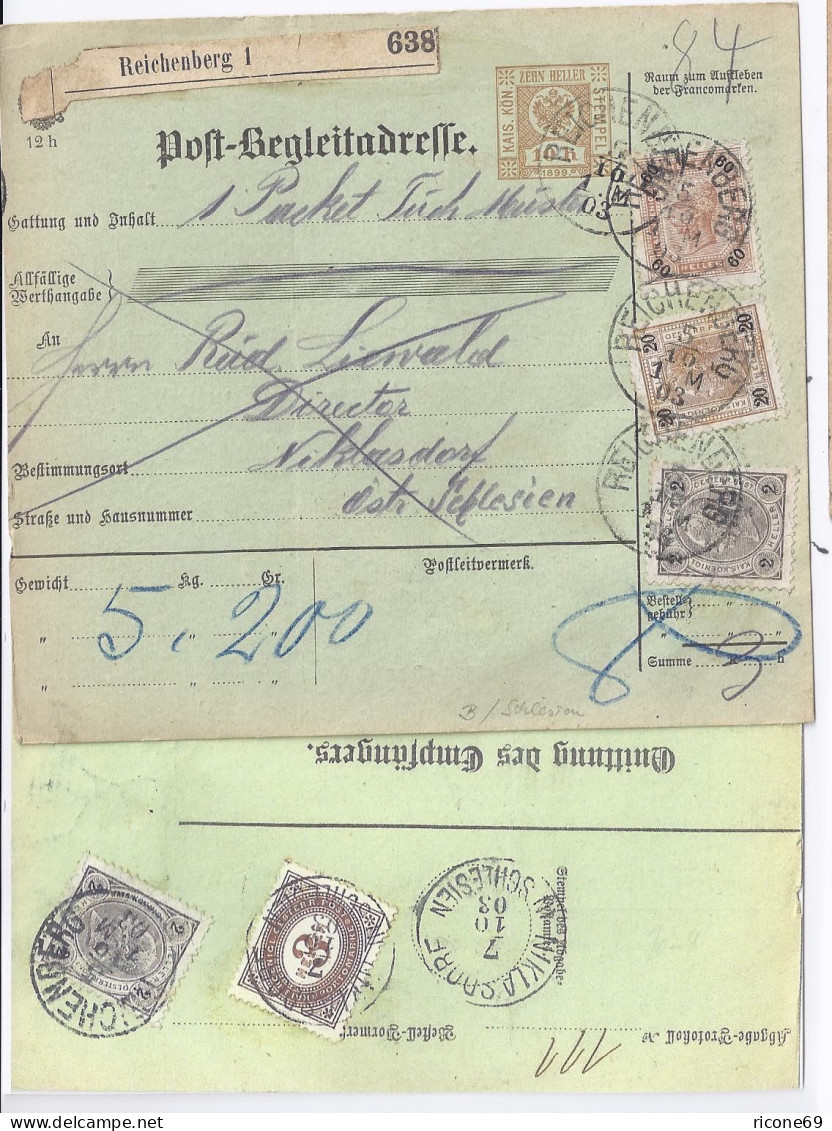 Österreich 1903, Brief Stpl. Reichenberg, Begleitadr. M. Porto Schlesien. #397 - Cartas & Documentos