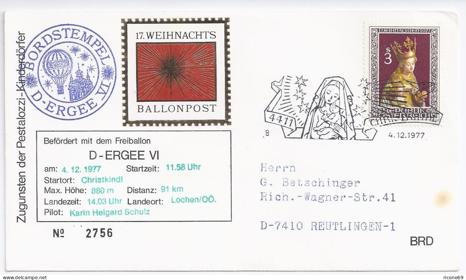 Österreich Christkindl 1977, 17. Weihnachten Ballonpost Lochen. #1944 - Storia Postale