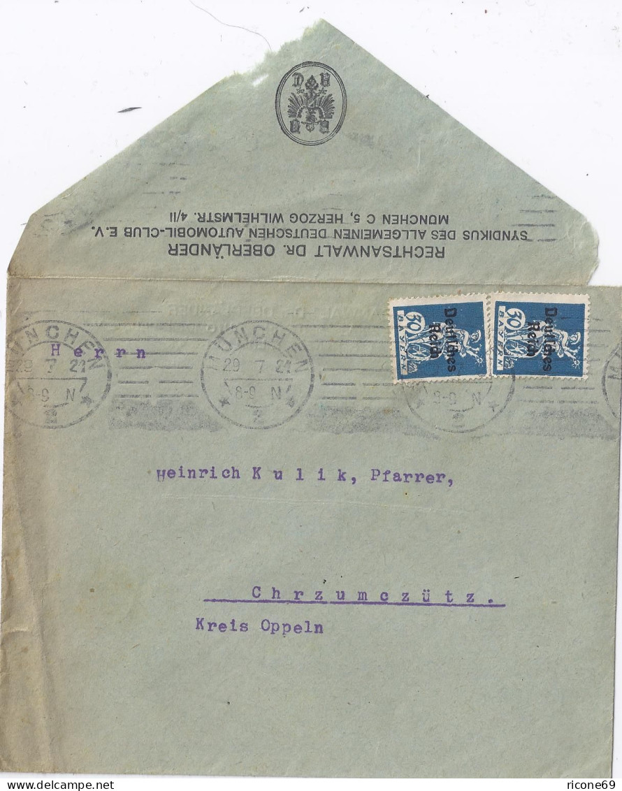 DR 1921, Brief V. München N. Oppeln M. Rücks. Gedrucktem ADAC Absender. #1950 - Other & Unclassified