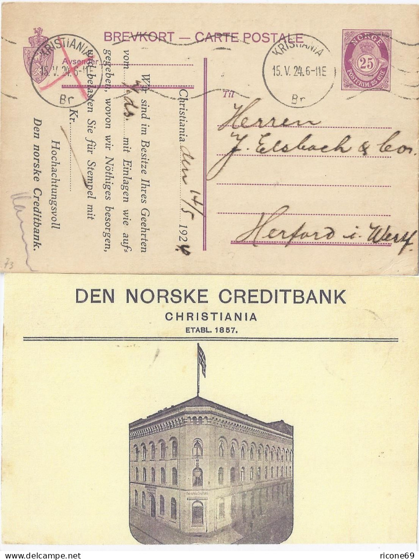 Norwegen 1924, V. Kristiania Gebr. 25 öre Privat Ganzsache M. Abb. Bank. #2578 - Andere & Zonder Classificatie