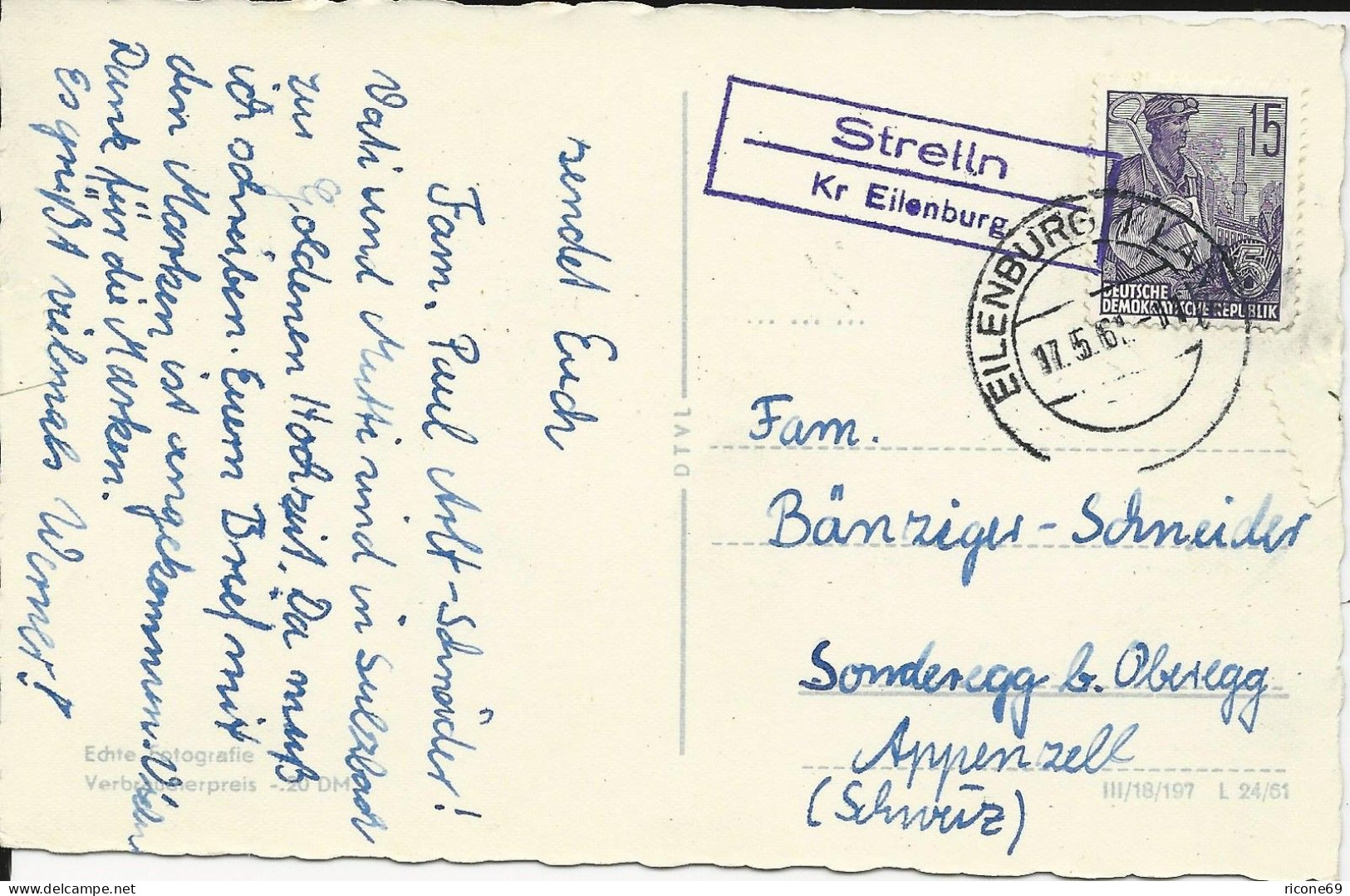 DDR 1961, Landpost Stpl. Strelln Kr. Eilenburg Auf Karte M. 15 Pf. I.d. CH #1654 - Briefe U. Dokumente