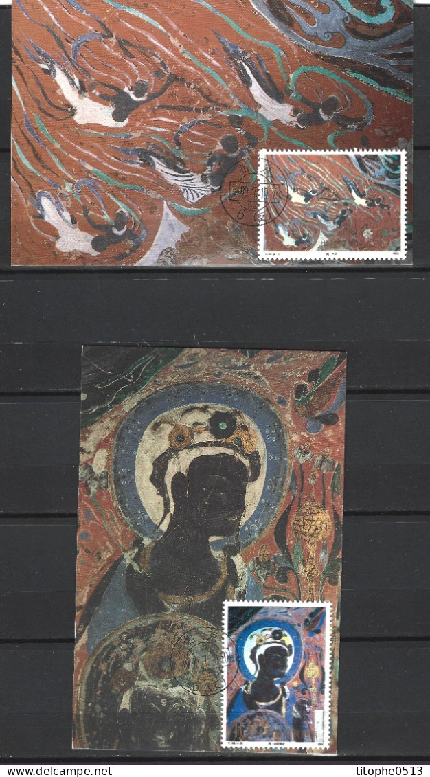 CHINE. N°3004-5 De 1990 Sur 2 Cartes Maximum. Fresques Bouddhiques. - Cartes-maximum