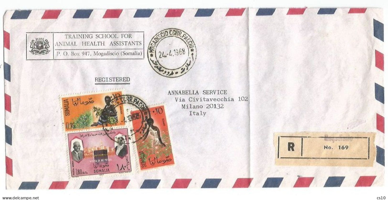 Somalia Registered  AirmailCV Mogadishu 24apr1968 To Italy With 3 Stamps Rate S.2.80 Incl Royal Saudi Arabia King Visit - Somalie (1960-...)