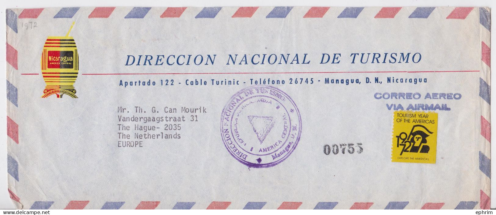 Nicaragua Managua Lettre Timbre Vignette Tourisme 1972 Tourism Year Cinderella Stamp Air Mail Cover Correo Aereo - Nicaragua