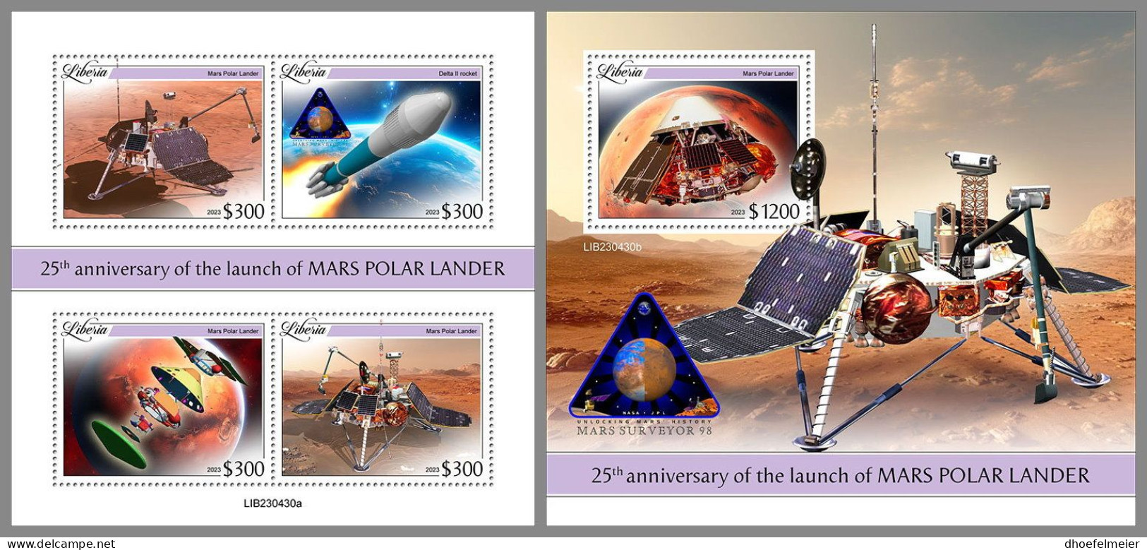 LIBERIA 2023 MNH Mars Polar Lander Space Raumfahrt M/S+S/S – OFFICIAL ISSUE – DHQ2413 - Afrique