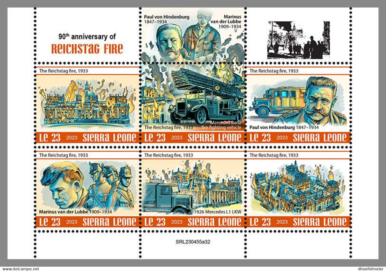 SIERRA LEONE 2023 MNH 90 Years Reichstag Fire Reichstagsbrand M/S – OFFICIAL ISSUE – DHQ2413 - Sapeurs-Pompiers