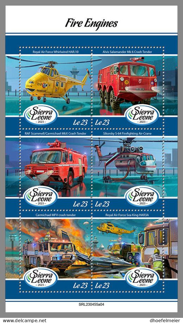 SIERRA LEONE 2023 MNH Fire Engines Feuerwehr Helicopter M/S – OFFICIAL ISSUE – DHQ2413 - Bombero