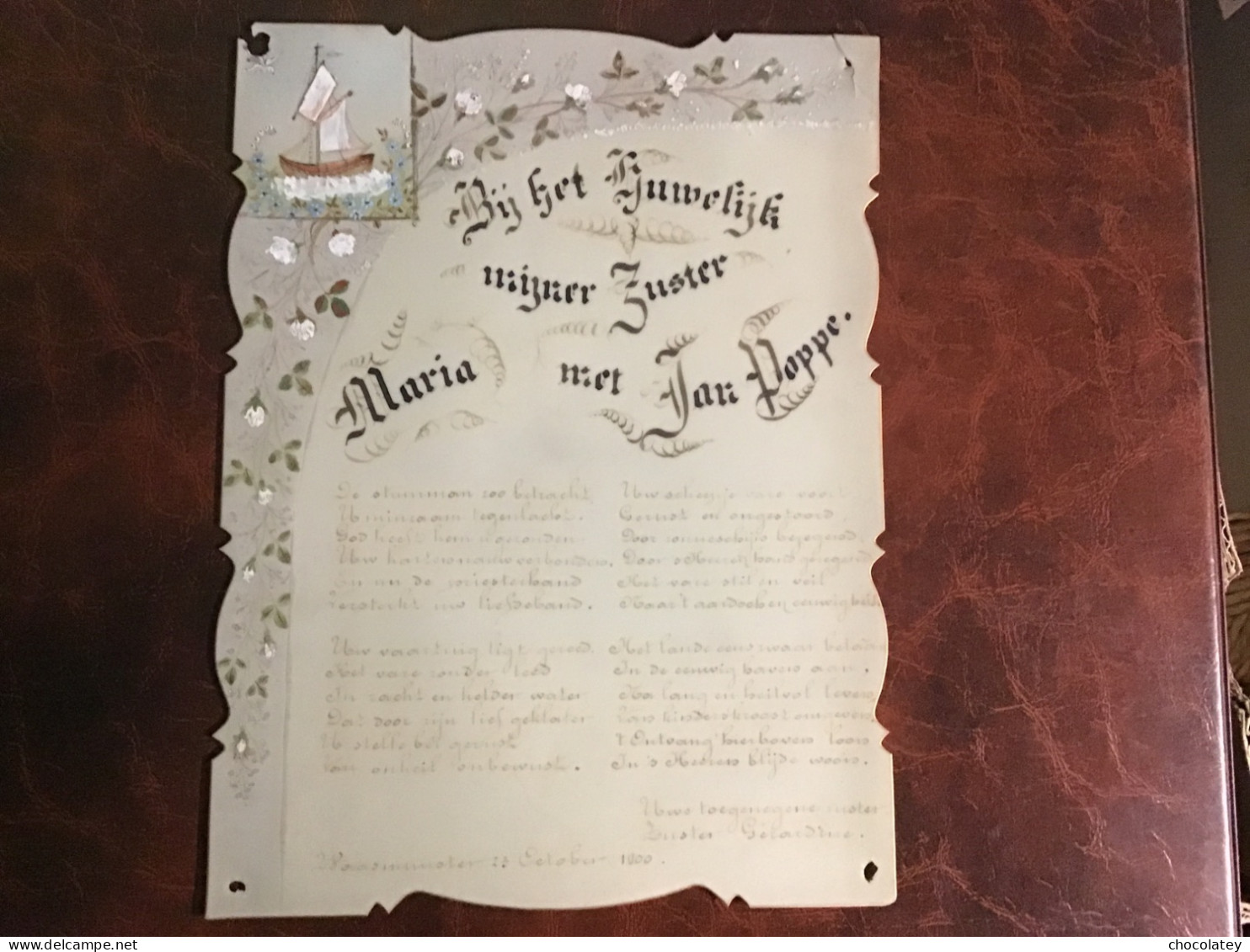 Waasmunster 1900 Huwelijk Aankondiging Jan Poppe 23 Op 17 Cm Hard Materiaal Handmade - Mariage