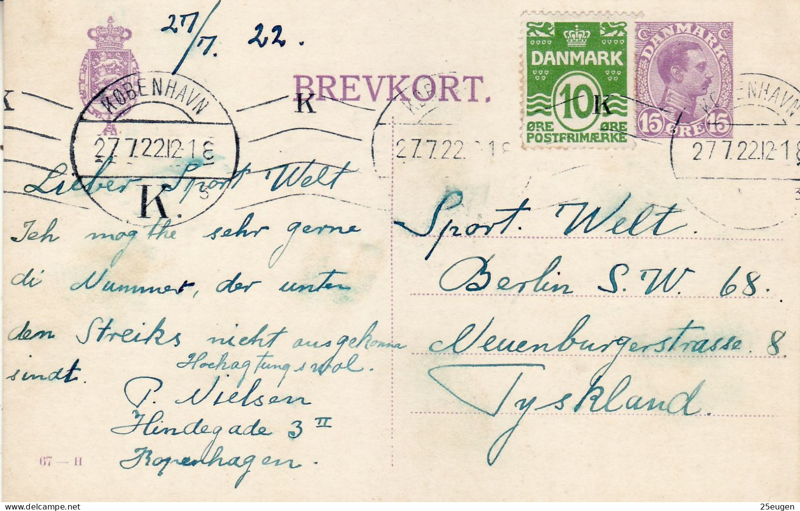 DENMARK 1922 POSTCARD MiNr P 167 II SENT FROM KOBENHAVN TO BERLIN - Enteros Postales