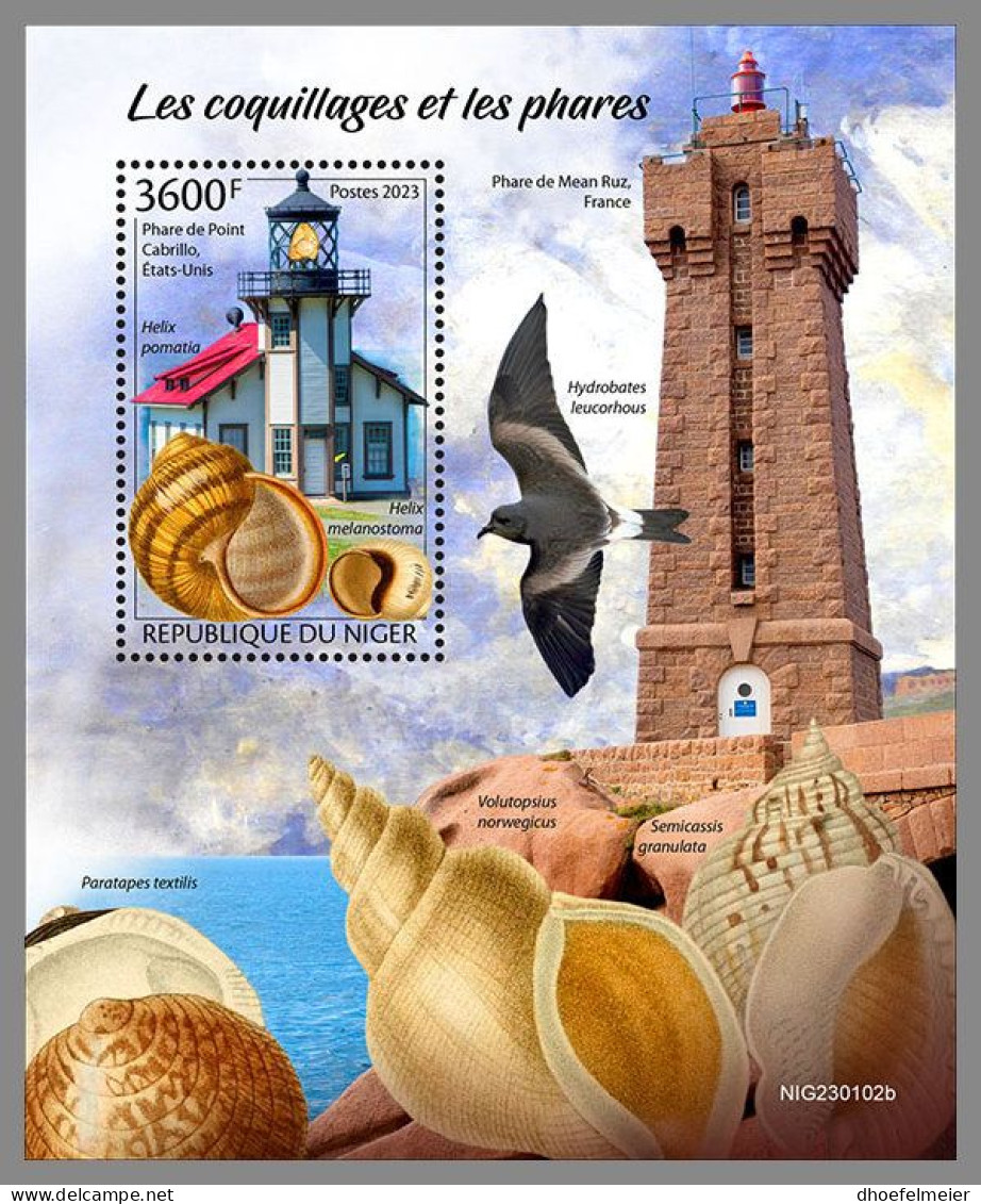 NIGER 2023 MNH Shells Muscheln Lighthouses Leuchttürme S/S – IMPERFORATED – DHQ2413 - Conchas