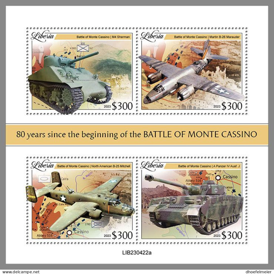LIBERIA 2023 MNH WWII Battle Of Monte Cassino M/S – IMPERFORATED – DHQ2413 - WW2 (II Guerra Mundial)