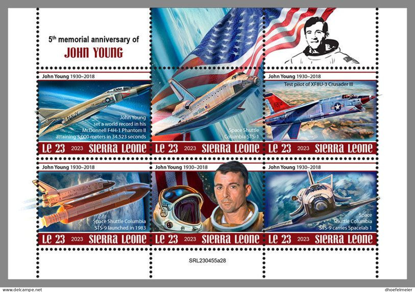 SIERRA LEONE 2023 MNH John Young Pilot Airplane Columbia M/S – IMPERFORATED – DHQ2413 - Afrika