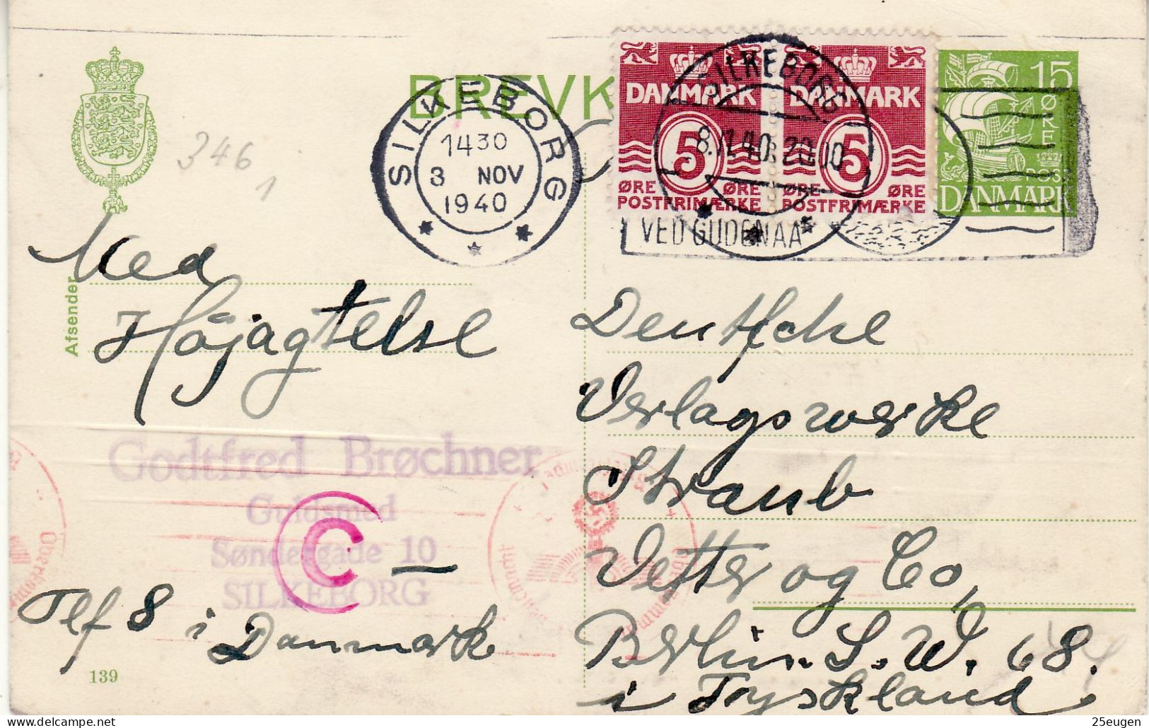 DENMARK 1940 POSTCARD MiNr P 212 SENT FROM SIKEBORG TO BERLIN - Postal Stationery