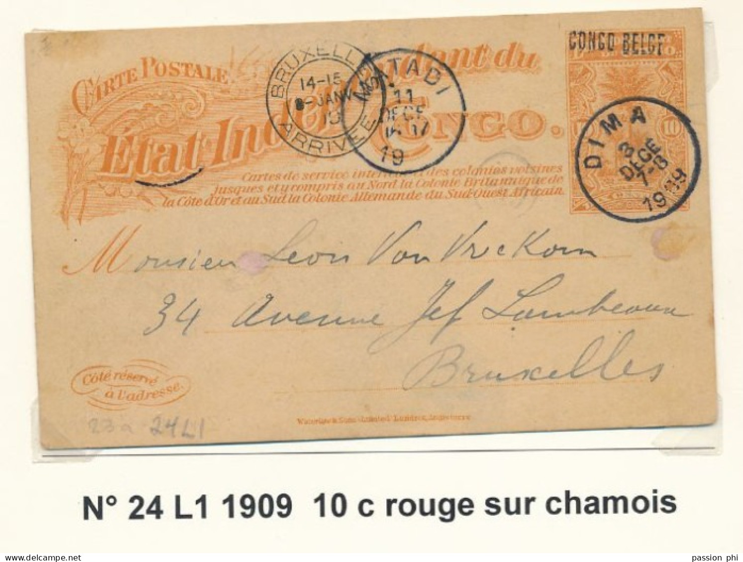 ZAC BELGIAN CONGO SBEP 24 L1 FROM DIMA 03.12.1909 TO BRUSSELS ADITIONAL STAMP MISSING - Enteros Postales