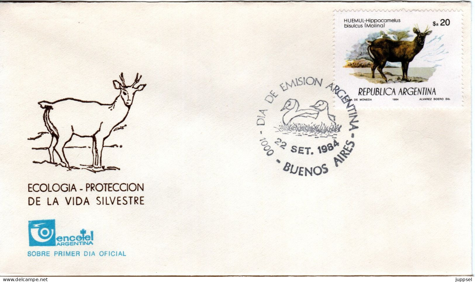 ARGENTINA   FDC  Huemul   /   ARGENTINE  Lettre De Première Jour,  Cerf Des Andes      1984 - Animalez De Caza