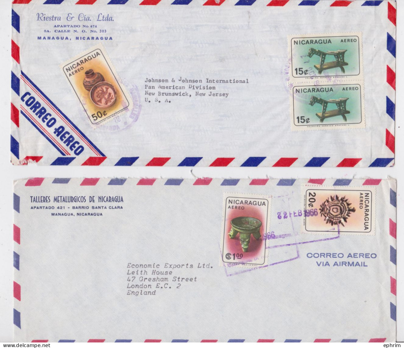 Nicaragua Managua Lettre Timbre Archéologie Archeology Stamp X5 Air Mail Cover Sello Correo Aereo Lot De 2 Lettres - Nicaragua