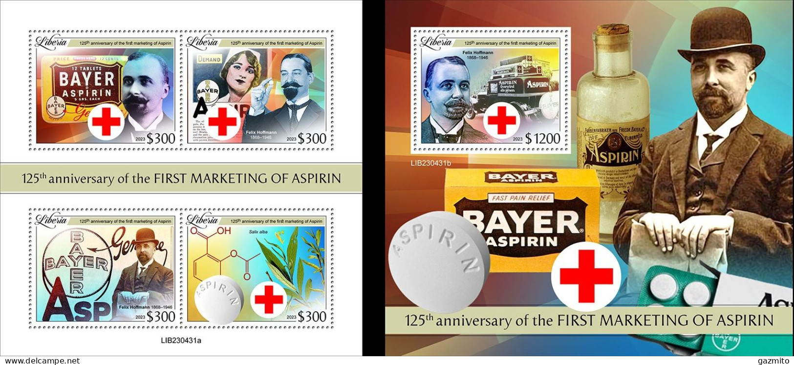 Liberia 2023, Aspirin, Red Cross, 4val In BF +BF - Rode Kruis