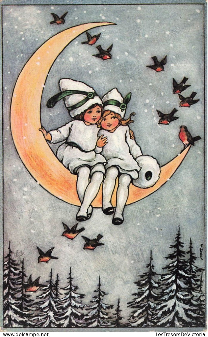 ILLUSTRATEUR SIGNE - Florence Hardy - Deux Enfants Sur Un Croissant De Lune - Rouges Gorges - Carte Postale Ancienne - Hardy, Florence