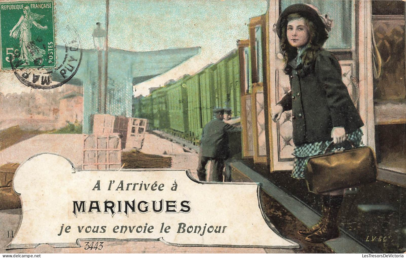 FRANCE - A L'arrivée à Maringues Je Vous Envoie Le Bonjour - Train - Fillette Avec Une Sacoche - Carte Postale Ancienne - Maringues