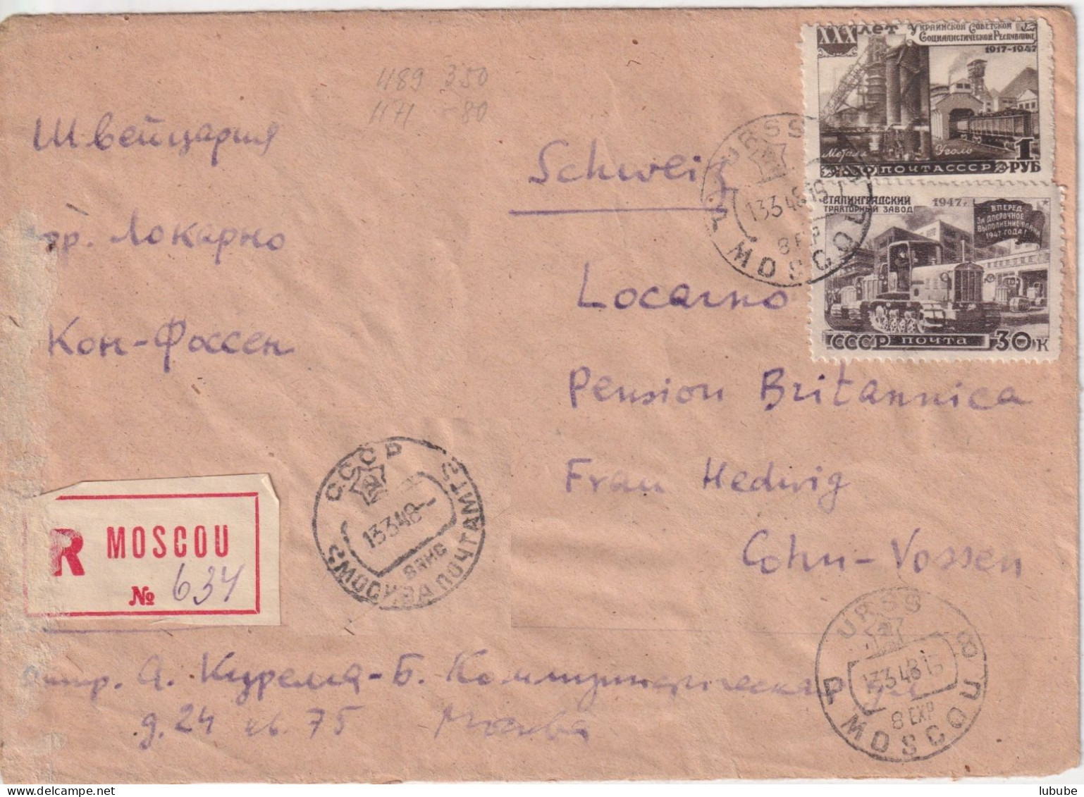R Brief  Moskau - Locarno        1948 - Storia Postale