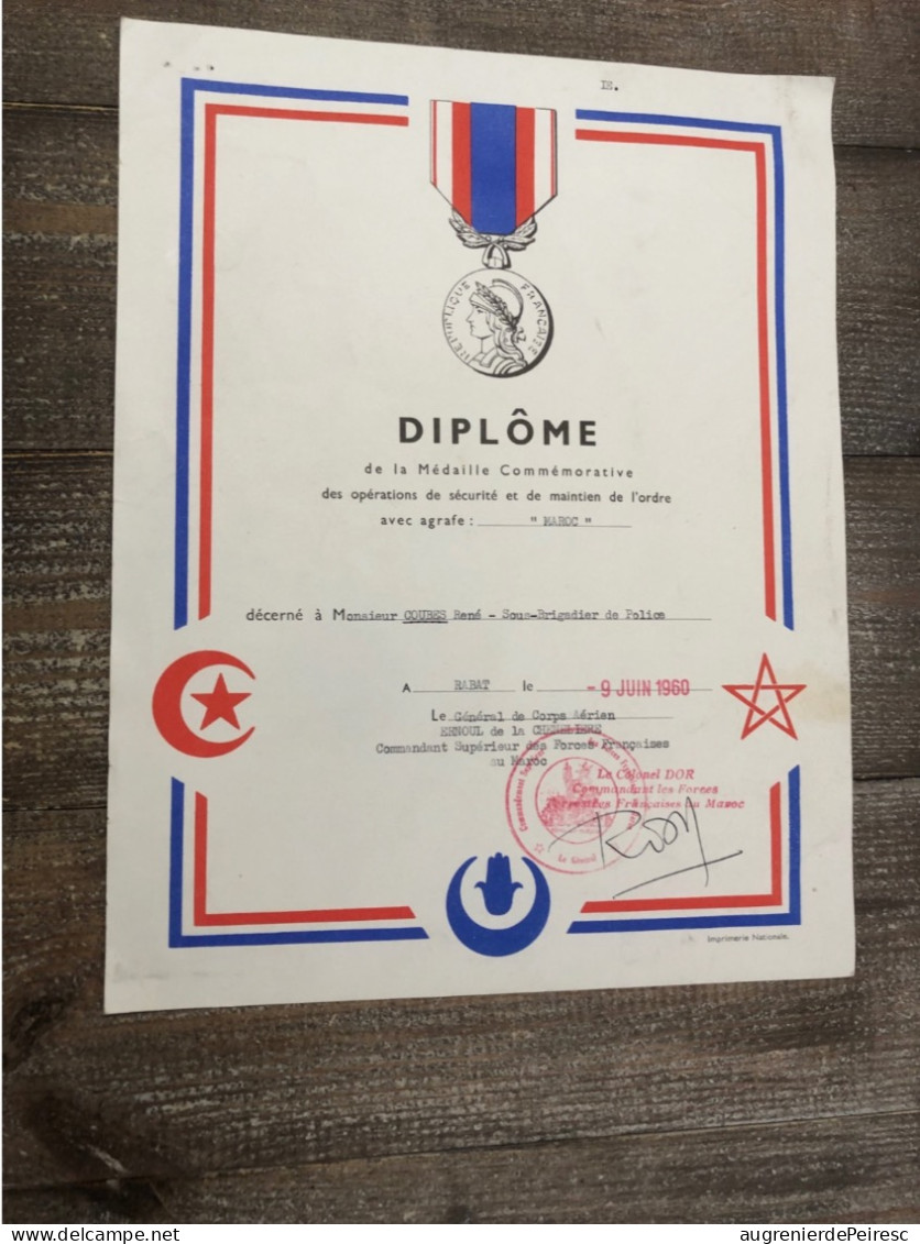 Diplôme Médaille Commémorative Sécurité Et Maintien De L’ordre Agraphe Maroc 1960 - Francia