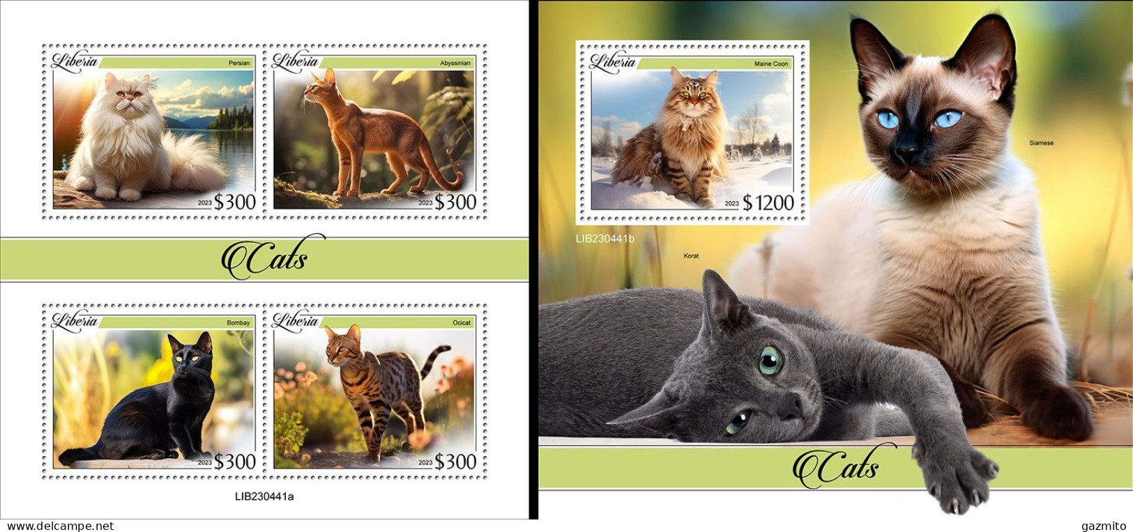 Liberia 2023, Animals, Cats, 4val In BF +BF - Domestic Cats