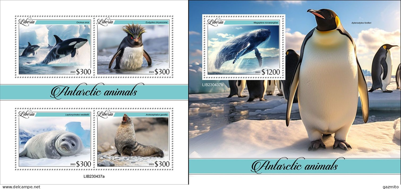 Liberia 2023, Animals, Penguins, Whale, 4val In BF +BF - Wale