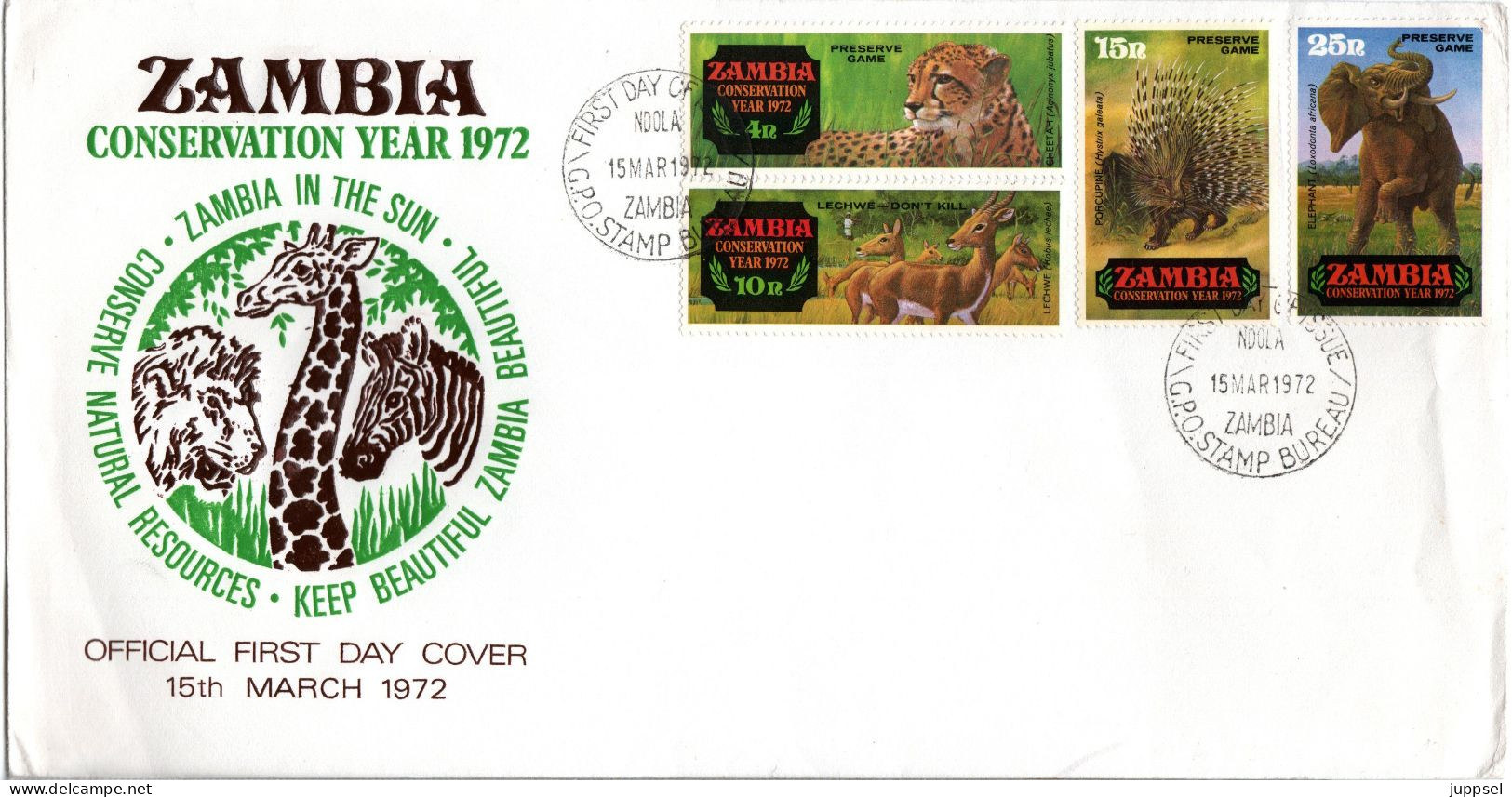 ZAMBIA, FDC, Cheetah, Lechwe, Porcupine, Elephant  /  ZAMBIE, Lettre De Première Jour, éléphant, Guépard, Hérrison  1972 - Sonstige & Ohne Zuordnung